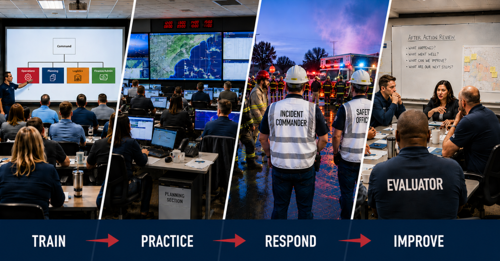 Four-panel banner illustrating the EMSI Ready readiness lifecycle. From left to right: an instructor presents an Incident Command System organizational chart to a classroom audience (TRAIN); emergency management personnel monitor maps and operational data in a coordination center (PRACTICE); incident command staff oversee an active emergency response scene with emergency vehicles and responders (RESPOND); and a team conducts an after-action review discussion around a conference table while an evaluator observes (IMPROVE). A dark blue banner across the bottom displays the progression: TRAIN → PRACTICE → RESPOND → IMPROVE.