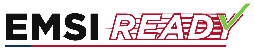 EMSI Ready logo featuring the bold black letters “EMSI” followed by the word “READY” in red outlined lettering with horizontal speed lines and a green checkmark integrated into the final letter. A red and blue underline runs beneath the logo, symbolizing continuous readiness, action, and achievement.